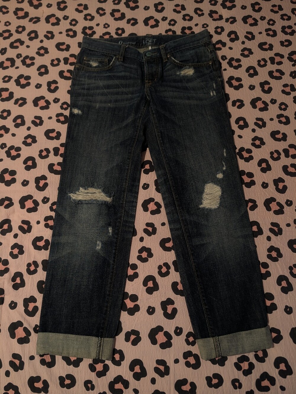 LOFT Dark Wash Distressed Boyfriend Jeans